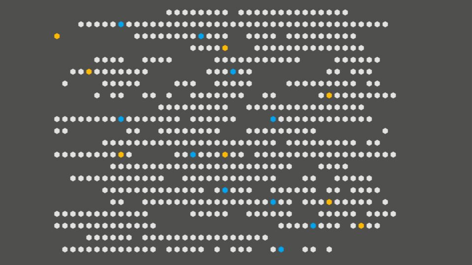 Rows of white dots, periodically interspersed with blue and yellow dots.