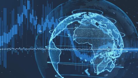 Image of a globe with data scrolling across it.