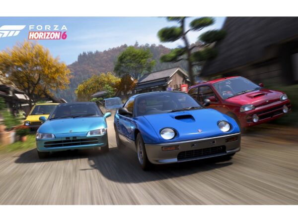Screenshot from game showing cars side by side speeding through Japan countryside