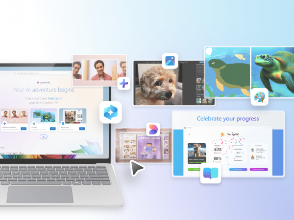 Decorative image with a laptop, app icons, and app previews