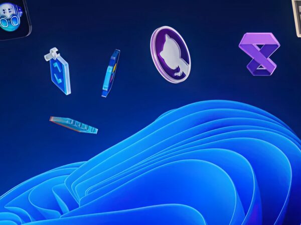 Icons for various apps floating about the Windows Bloom image.