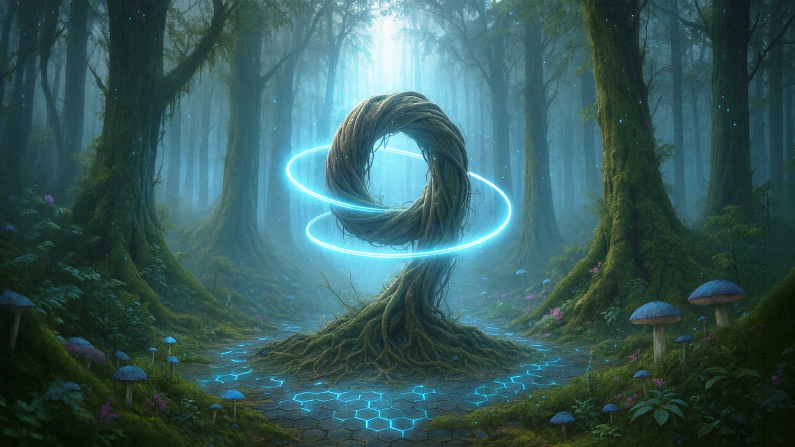 Glowing looped tree shaped like the number 9 in a misty, magical forest.