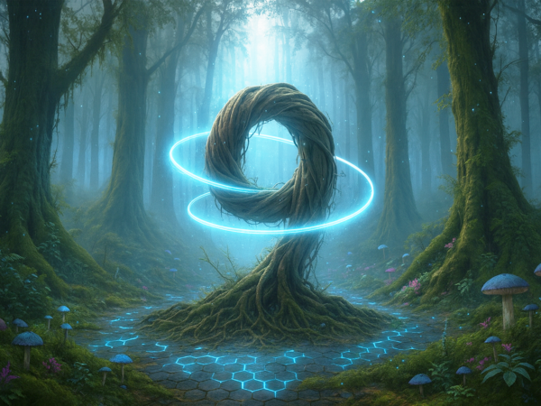 Glowing looped tree shaped like the number 9 in a misty, magical forest.