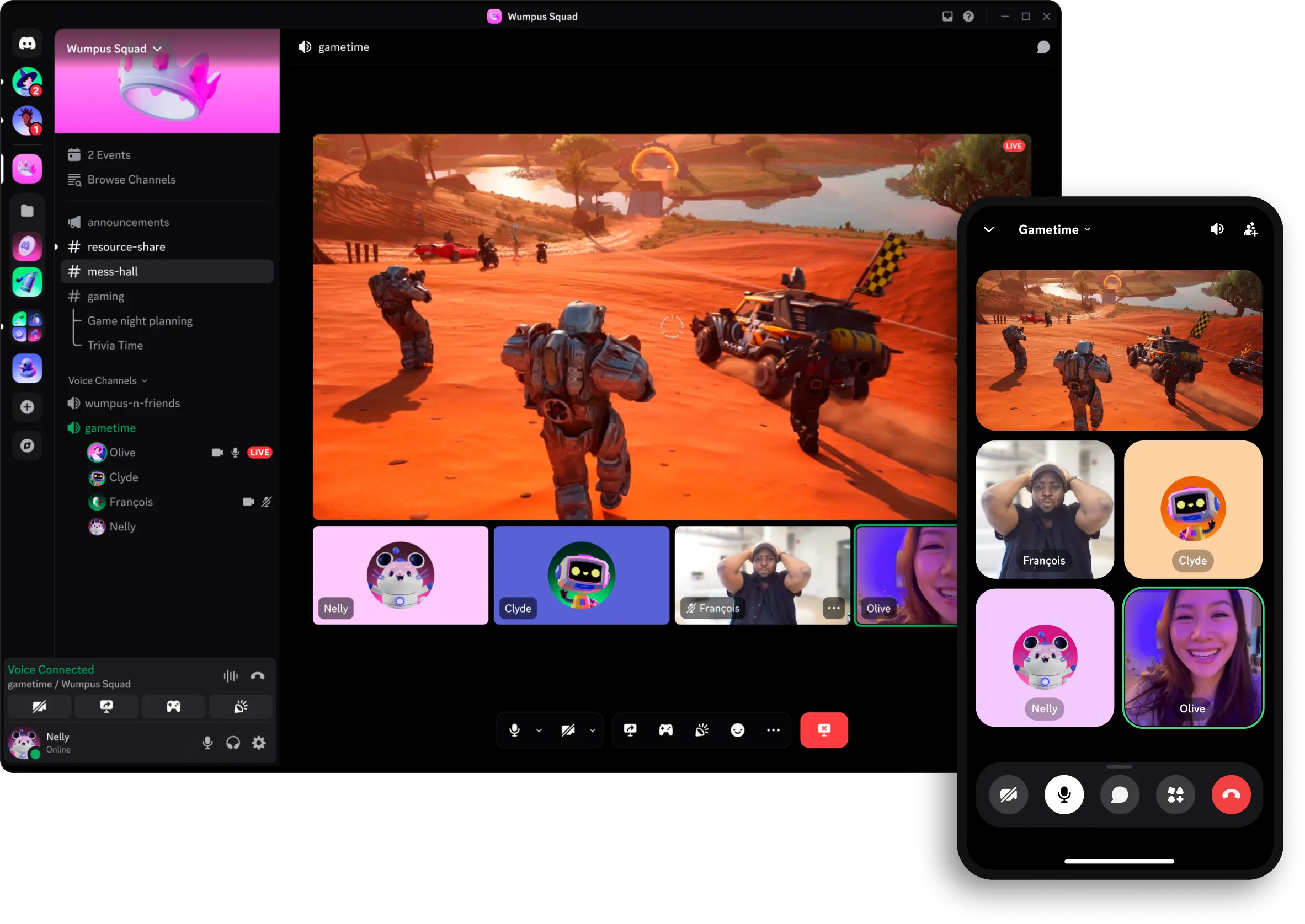 Screenshot of Discord on Desktop and mobile, showing friends playing a game together while staying connected through voice and video chat. A player is streaming their game to their friends, with the players' characters running across a desert landscape. The video feeds show them laughing and chatting - capturing that feeling of hanging out in the same room even when playing online.