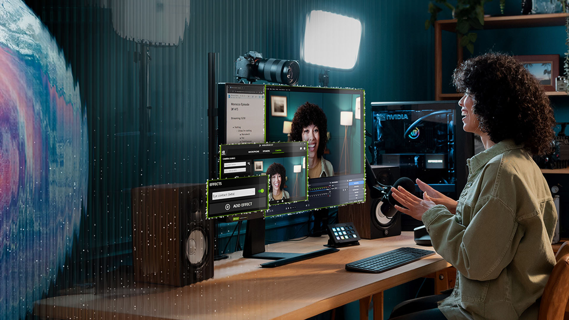 A content creator powers her video development using NVIDIA GeForce RTX GPUs with advanced AI