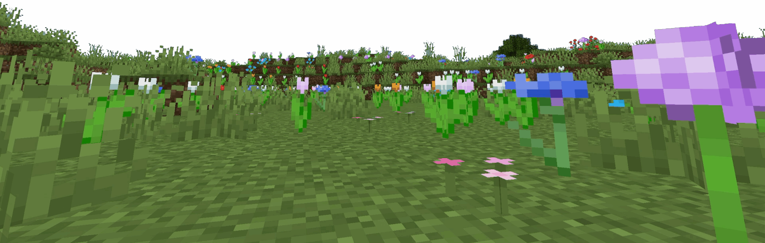A Minecraft landscape showing tall grass and various colorful flowers under a bright blue sky.