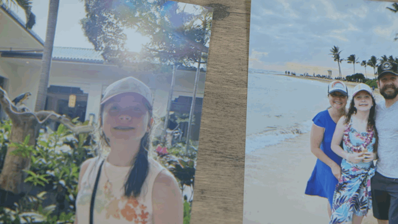 A close-up photo of a girl in a sunlit outdoor setting appears next to a family of three posing together on a beach with palm trees in the background.