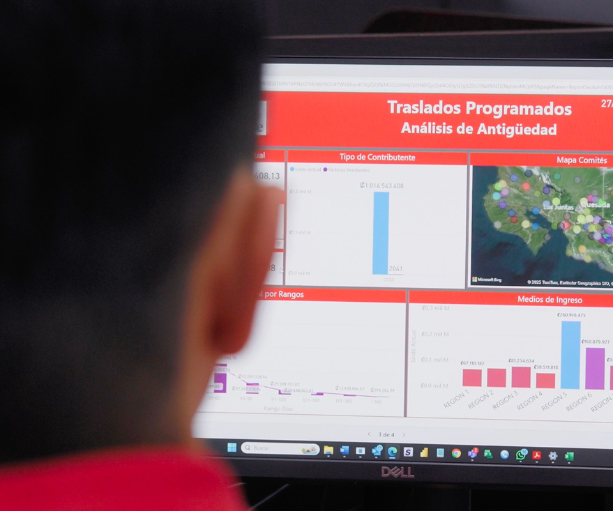 A person looks at a computer screen displaying charts and graphs titled "Traslados Programados Análisis de Antigüedad.