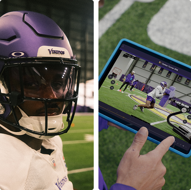 Split image: Left shows a football player in a purple Vikings helmet and white jersey on an indoor field. Right shows a hand holding a tablet displaying a video of a Vikings player practicing on the field.