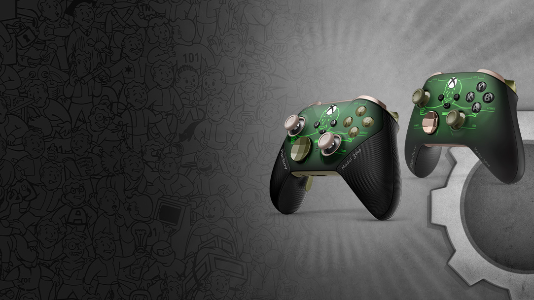 Two customized Fallout Pip-Boy Xbox controllers over a black and white Fallout artwork background.